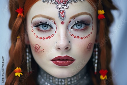 Close-up portrait of beautiful red-haired girl with fantasy makeup