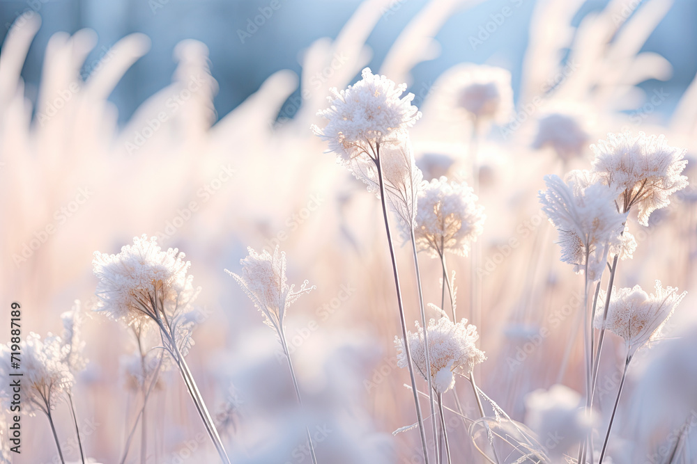 Beautiful white flowers on a background of blue sky with falling snow Beautiful white flowers on a background of blue sky with falling snow