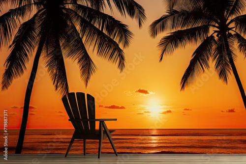 Silhouette of chair and coconut tree on the beach at sunset
