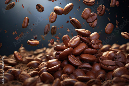 Coffee beans flying on blue sky background. 3d rendering