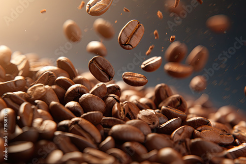 Coffee beans flying on blue sky background. 3d rendering