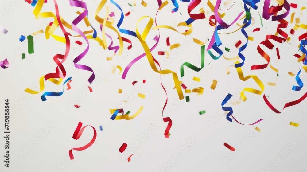 Fototapeta premium confetti ribbons gracefully descending against a stark white background