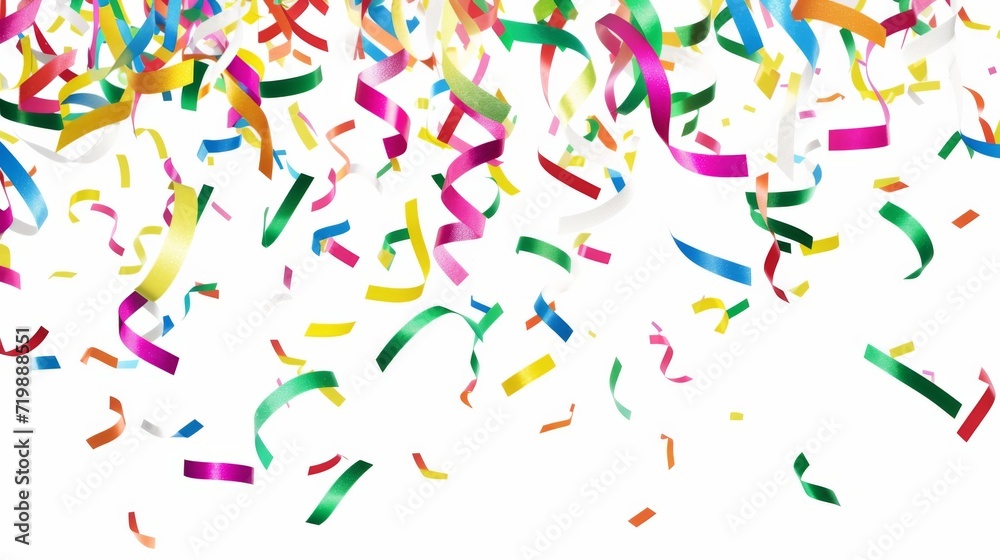 confetti ribbons gracefully descending against a stark white background confetti ribbons gracefully descending against a stark white background