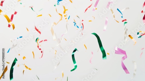 confetti ribbons gracefully descending against a stark white background