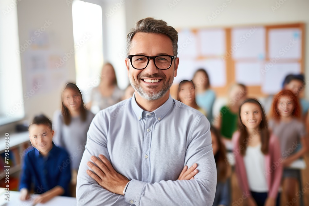 Portrait of smiling male teacher in a class at elementary school looking at camera Portrait of smiling male teacher in a class at elementary school looking at camera