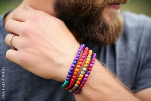 Close-up of a bearded man wearing colorful bracelets in the park