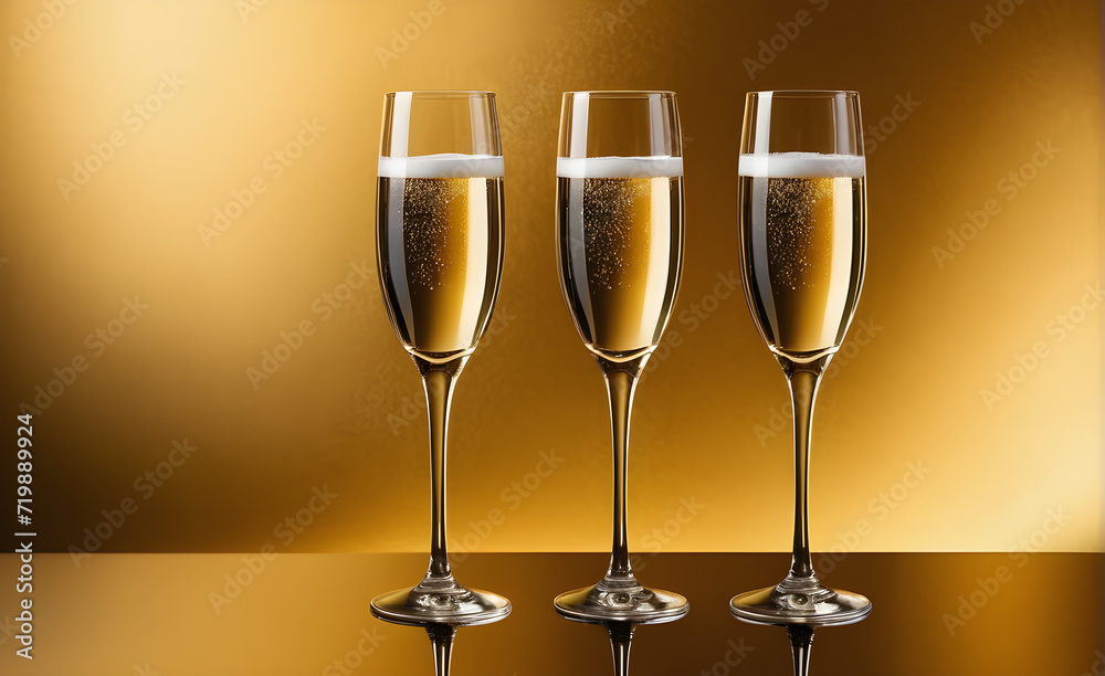 Three champagne glasses on a simple gold background, Valentine's Day, Christmas. Generative AI