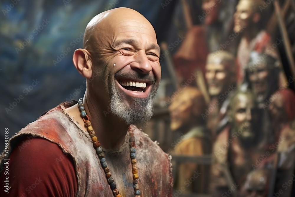 Portrait of a laughing man in armor against the background of an old wall