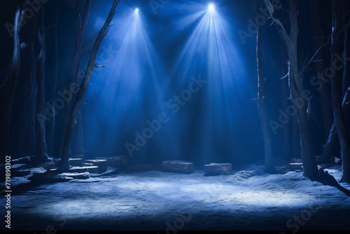 Empty stage in a dark winter forest   Rays of light in the dark   Night scene