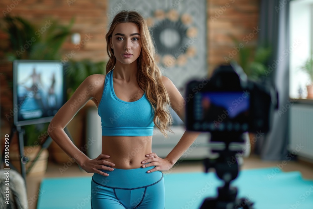 Athletic woman blogger in sportswear shoots video on camera as she does exercises at home in the living room.