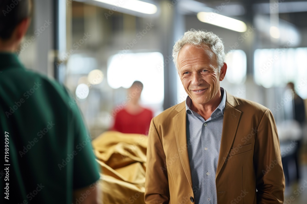 Industry concept, Senior businessman smiling while looking at colleague in factory. Industry concept, Senior businessman smiling while looking at colleague in factory.