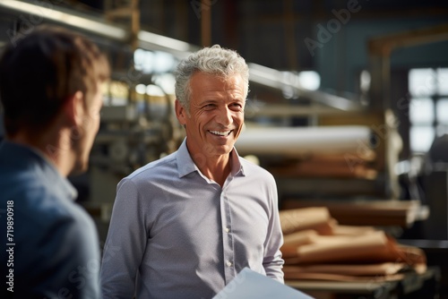 Industry concept, Senior businessman smiling while looking at colleague in factory.