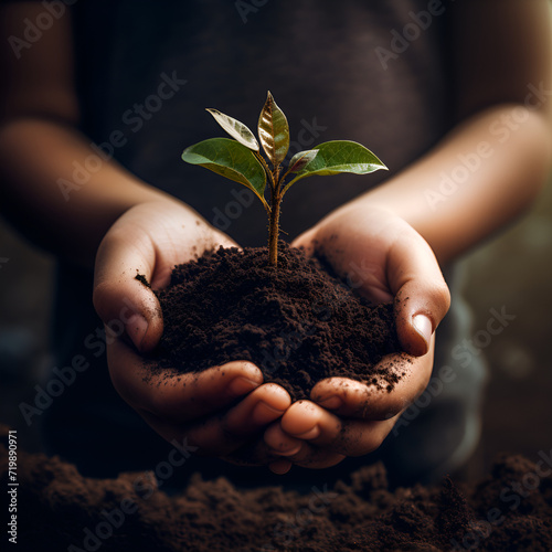 Child hands holding soil and a tiny plant ai generated