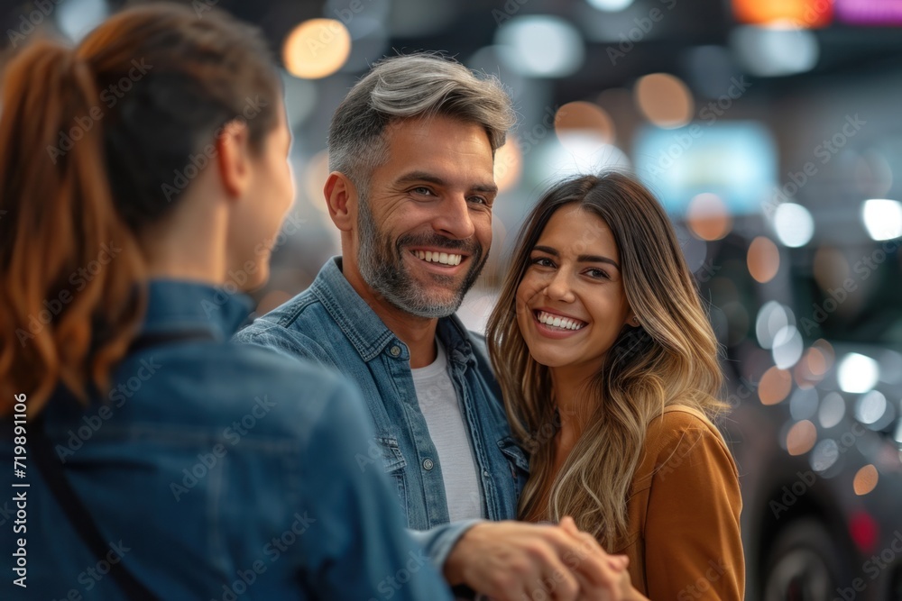 Beautiful happy couple bought a car in the dealership and receives the keys from the manager. Beautiful happy couple bought a car in the dealership and receives the keys from the manager.