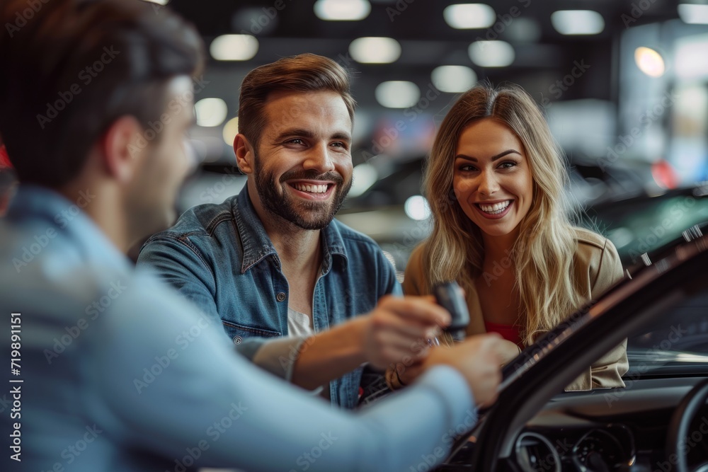 Beautiful happy couple bought a car in the dealership and receives the keys from the manager. Beautiful happy couple bought a car in the dealership and receives the keys from the manager.