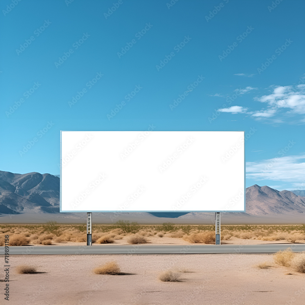 Blank billboard road side mockup, empty white space in desert mountain blue sky background Blank billboard road side mockup, empty white space in desert mountain blue sky background