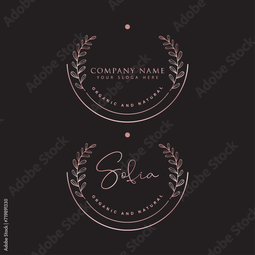  feminine logo and botanical floral elements. Template for florist, atelier, organic cosmetics, photography, boutique, wedding, spa. Graphic design and illustration