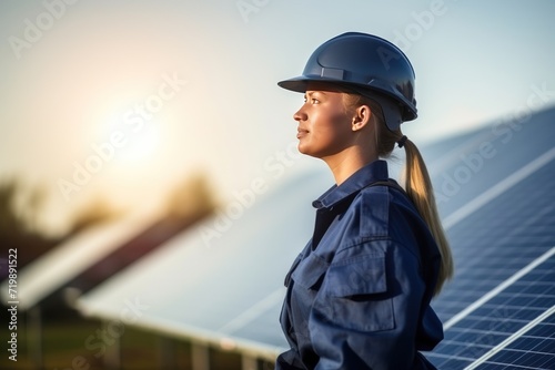 side view of Female engineer in uniform working with solar panels 
