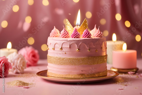 Pink birthday cake with candles. Golden glitter. Happy birthday wallpaper.