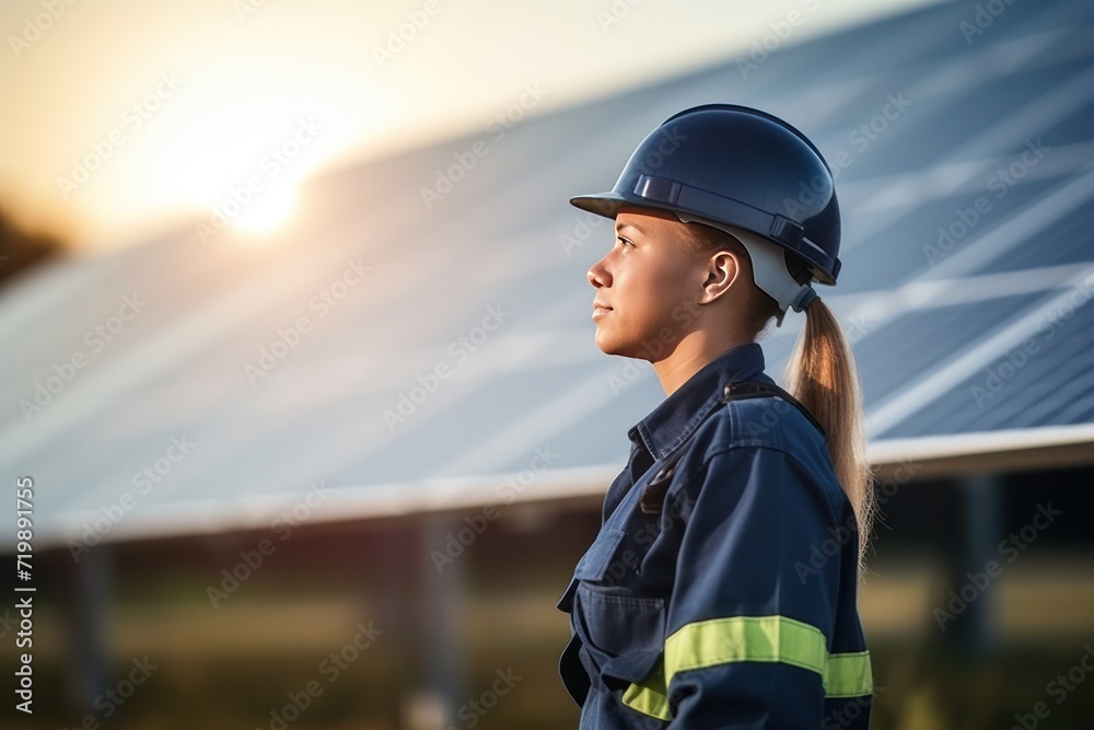 side view of Female engineer in uniform working with solar panels side view of Female engineer in uniform working with solar panels
