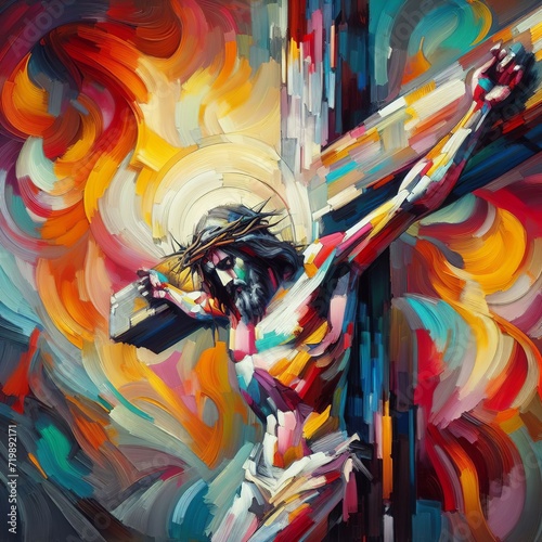 Jesus Christ on the cross. Colorful background. Religious print art.