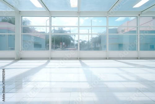 Interior of modern office building with white tile floor, stock photo