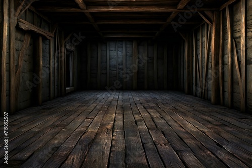 A dark room with wooden walls and floor