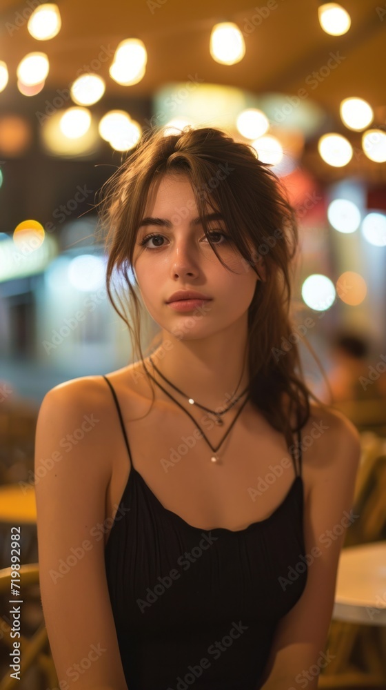 Obraz premium Medium shot portrait, attractive French girl, first date night, brunette, casual