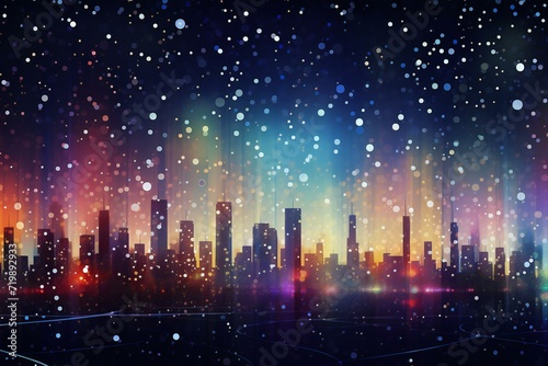Abstract night city background with lights and snowflakes,