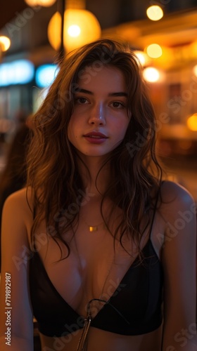 Medium shot portrait, attractive French girl, first date night, brunette, casual © sirisakboakaew