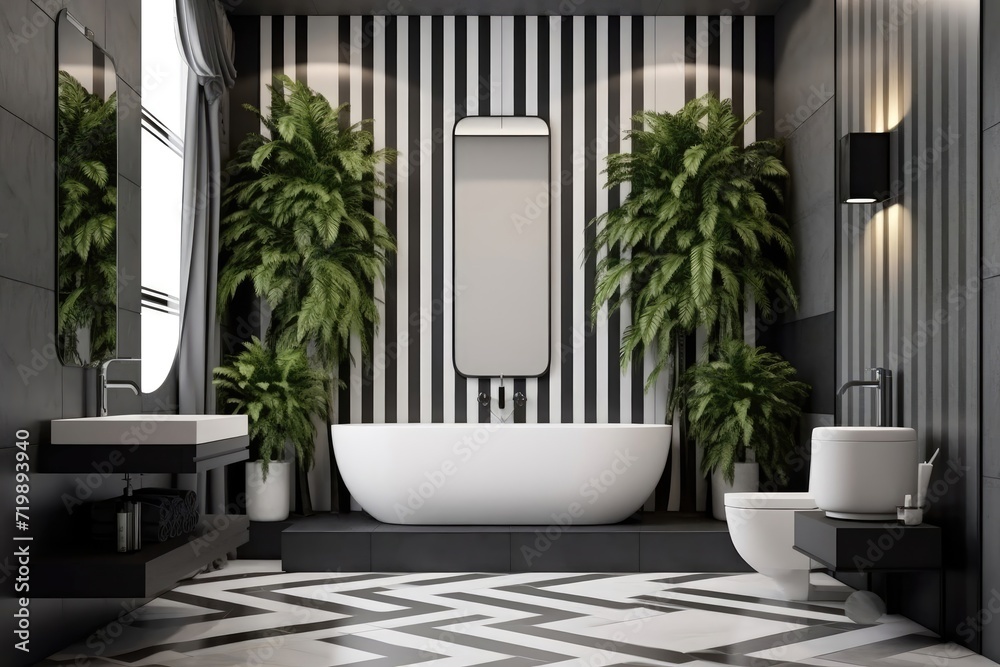 Modern bathroom interior design with designed walls, mirror, sink and bathtub. Created with Ai