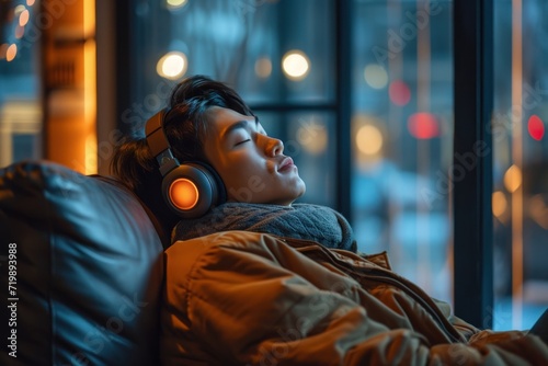 Rest And Relax Concept. Calm asian man sitting on couch, listening to music, audio book, podcast, enjoying meditation for sleep and peaceful mind in wireless headphones,