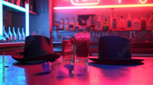 Fotografia A fedora and a bowler hat sitting at a tiny backstage bar sipping on fizzy drinks and gossiping about the latest fashion trends