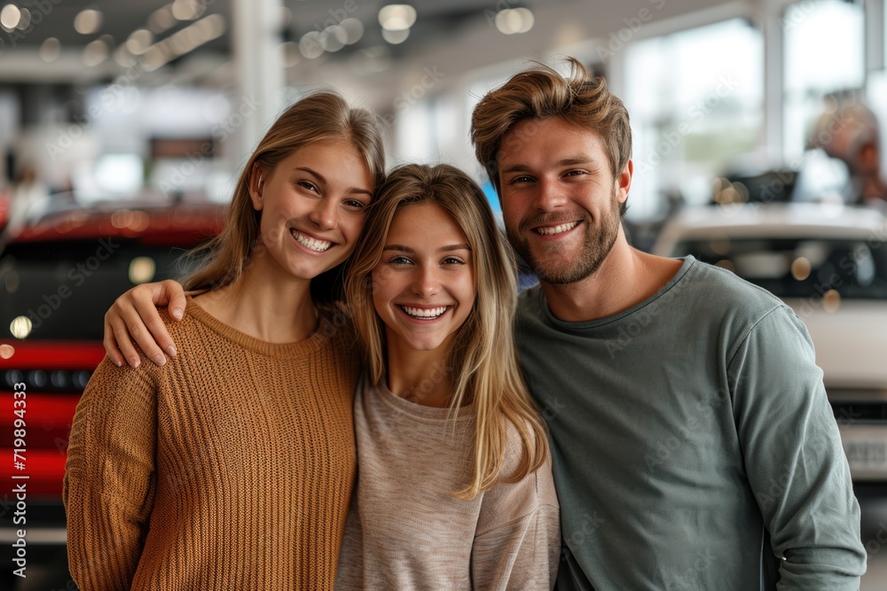The successful visit to the dealership. Happy young couple chooses and buying a new car for the family. The successful visit to the dealership. Happy young couple chooses and buying a new car for the family.