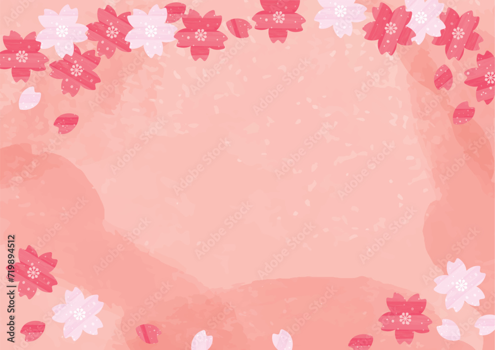 水彩の桜と桜の花びらが舞い散るフレーム_上下飾り_ピンクの水彩背景_横