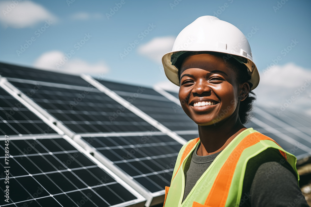renewable energy, female african american engineer near solar panels, wearing helmet, solar energy - obrazy, fototapety, plakaty 