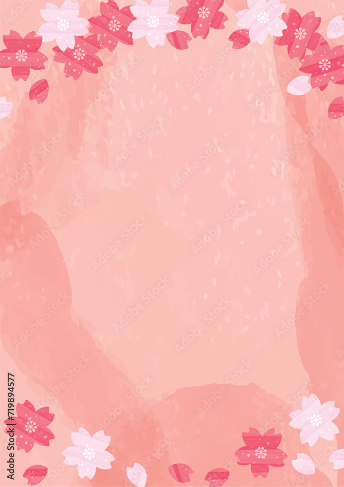 水彩の桜と桜の花びらが舞い散るフレーム_上下飾り_ピンクの水彩背景_縦