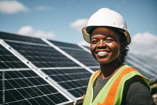 renewable energy, female african american engineer near solar panels, wearing helmet, solar energy photo