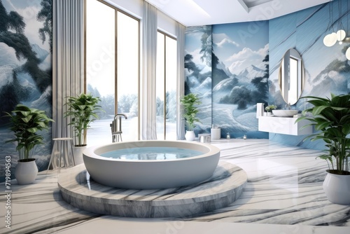 Modern bathroom interior with 3d wallpaper, marble floor, plants and round bathtub. Created with Ai