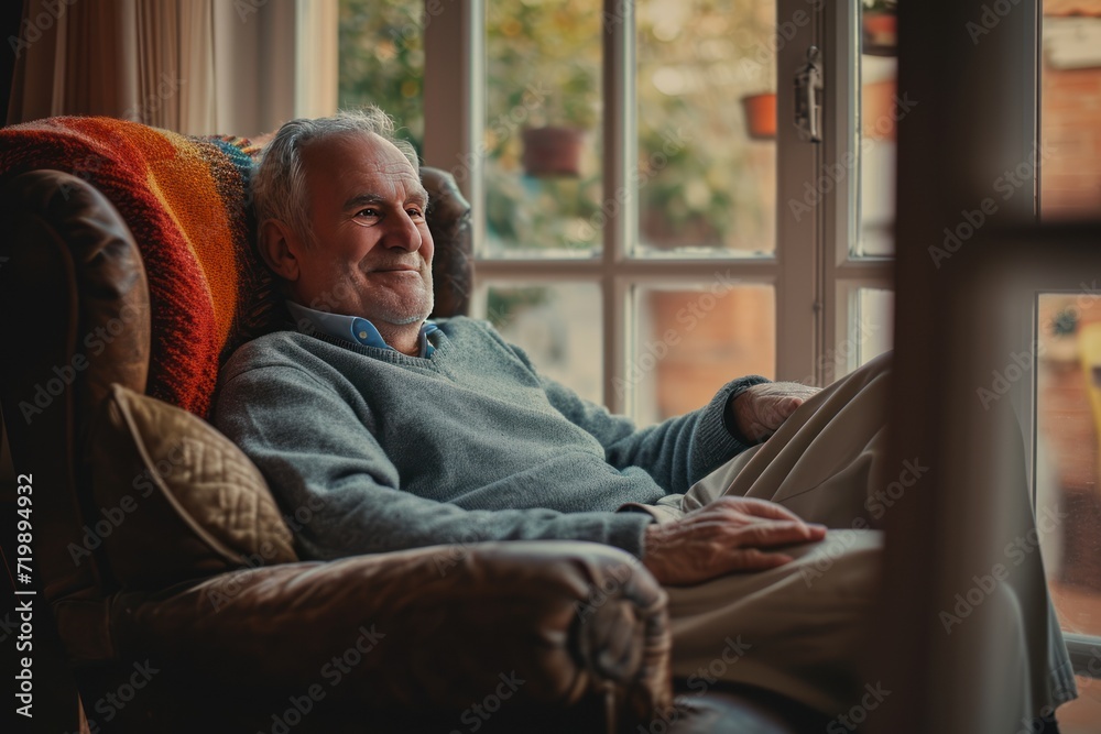 Smiling mature man relaxing in armchair at the window at home Smiling mature man relaxing in armchair at the window at home