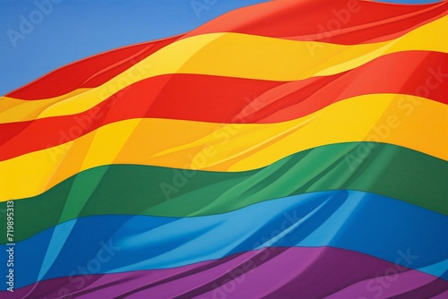 Rainbow flag waving in the wind on a clear blue sky background