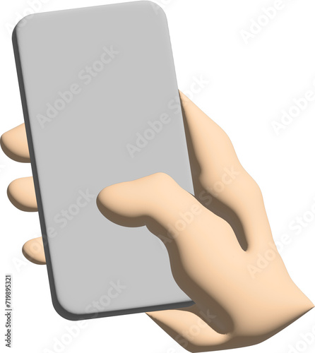 3D Cartoon hand holding smartphone isolated on transparent background, Hand using mobile phone mockup. 3d render illustration. photo