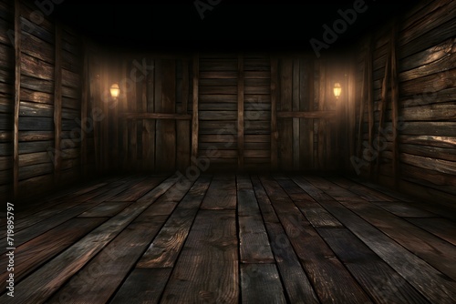 Wooden room with glowing lamps in the dark