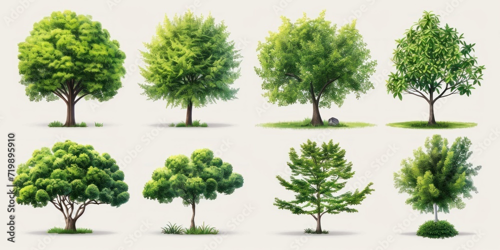 Trees collection set. Green plants with leaves, garden botanical vector Trees collection set. Green plants with leaves, garden botanical vector