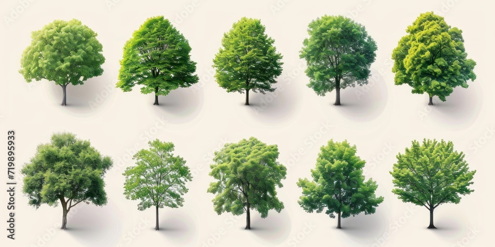 Fototapeta premium Trees collection set. Green plants with leaves, garden botanical vector