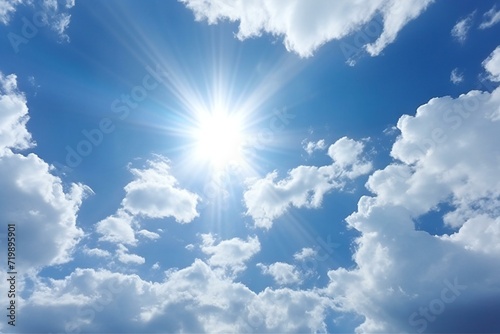 Blue sky background with tiny clouds and sun, Natural summer background