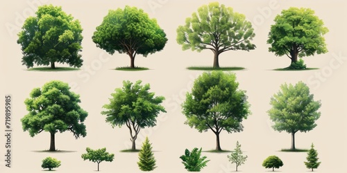 Trees collection set. Green plants with leaves, garden botanical vector