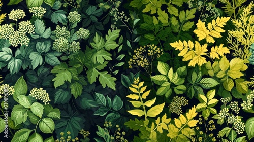 Vector pattern from stylized plants, herbs and flowers. A set of two patterns matching the color photo