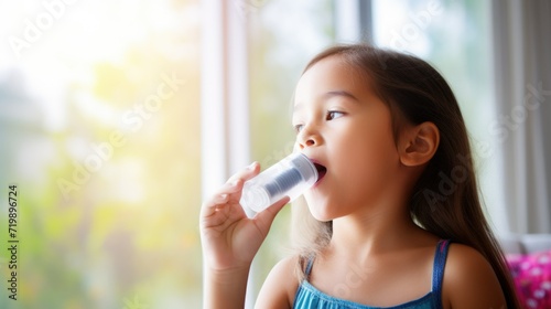 Child girl using asthma inhaler photo