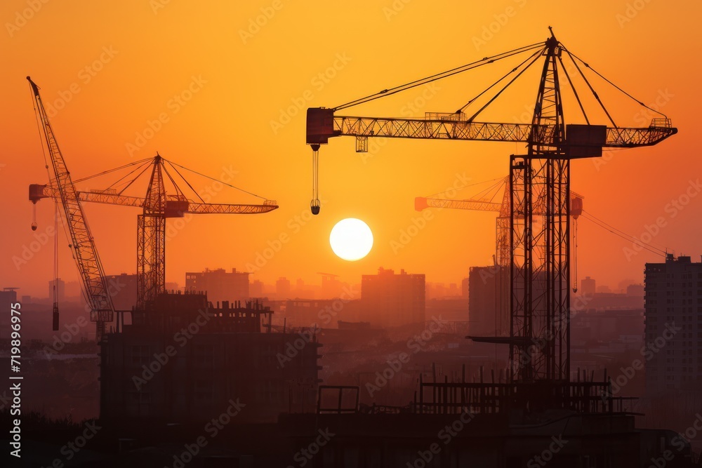 Sunrise with silhouetted cranes and buildings in industrial construction 
